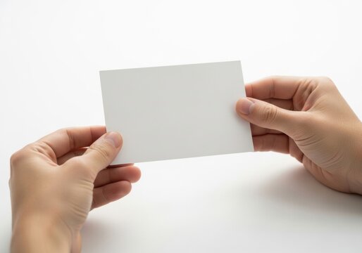 Hands holding a blank white card against white background.