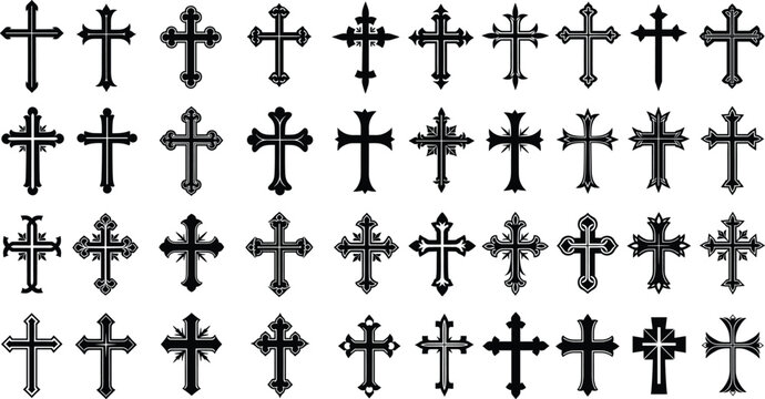Ornate Decorative Cross Vector Collection, Set of Vintage and Gothic Religious Crucifix Icons