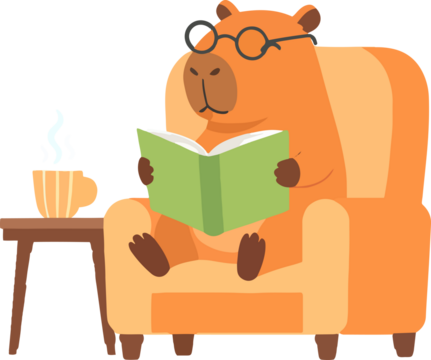 Relaxed Capybara Wearing Glasses Enjoys a Good Book and Warm Drink
