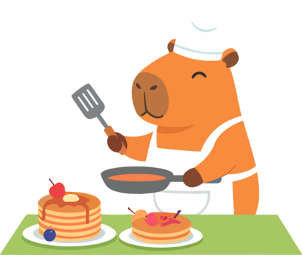 Happy capybara chef cooks delightful breakfast pancakes with fresh toppings