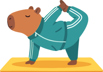 Cute capybara enjoying a peaceful yoga session in athletic teal attire