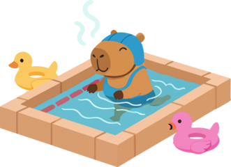 Happy capybara in a swimming pool with adorable rubber ducks