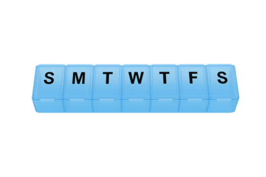 Weekly pill box scheduling medication with transparent background