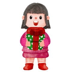 Watercolor Illustration of Girl Holding Christmas Gift
