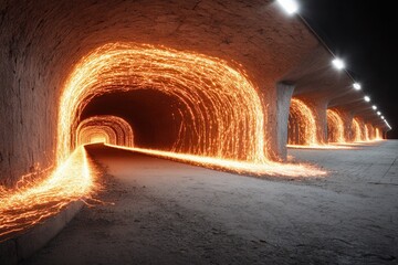 Dynamic, swirling light trails in an abstract tunnel, illuminated with soft, warm hues, evoking a festive mood ideal for seasonal designs