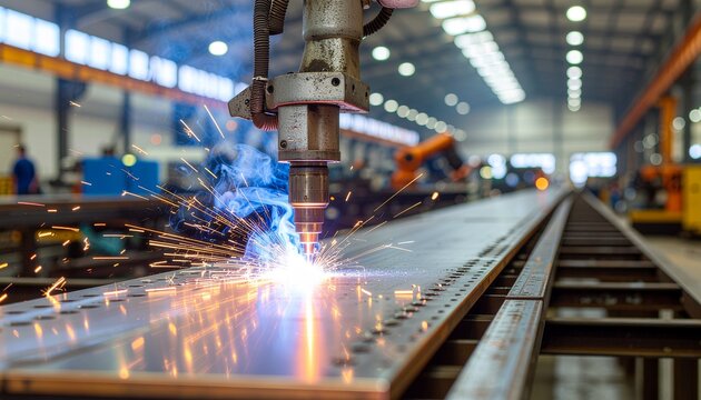 Automated welding machine producing sparks on a metal sheet in a factory, with other machinery visible.