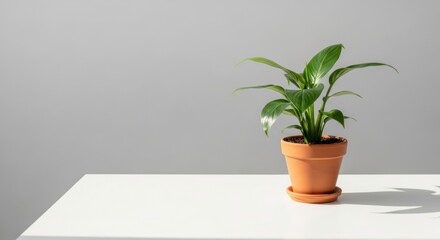 Fototapeta premium Peace Lily in Terracotta Pot on White Table Against Gray.