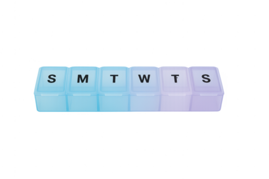 Weekly pill organizer container with day labels