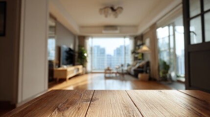 Fototapeta premium A cozy interior view showcasing a wooden table with a bright living space and large windows revealing a city skyline.