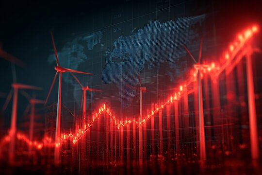 Wind energy stock market boom with rising sales and world map in background for investment analysis and renewable energy success stories