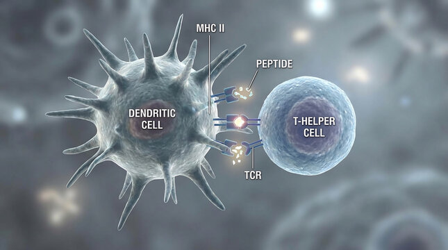 Biological Microscopic Interaction Between Dendritic and T-Helper Cells, Essential for Human Immune System Therapy and Research