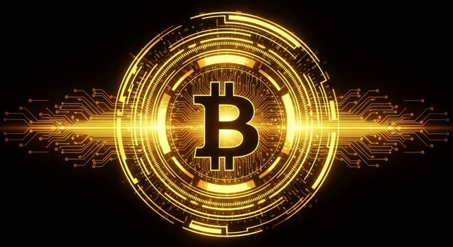 Bitcoin cryptocurrency symbol in glowing golden circuit design