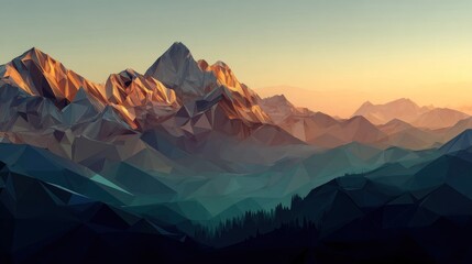 A majestic mountain range with a golden sunset in the background, featuring a variety of colors and textures, with a clear sky and a forested foreground.