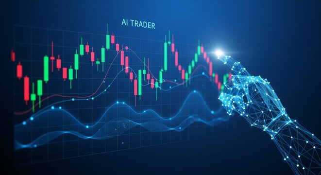 Ai trading concept with candlestick chart and digital hand
