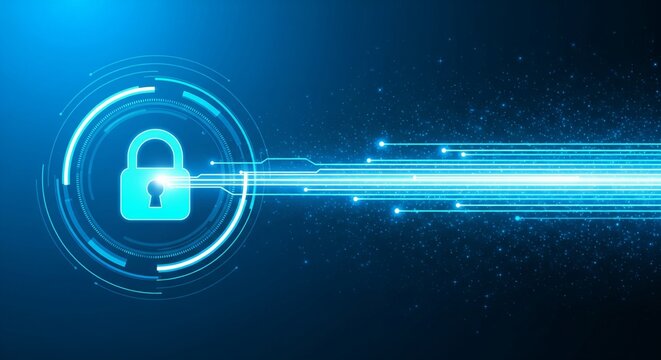 Cybersecurity concept with digital padlock and data stream