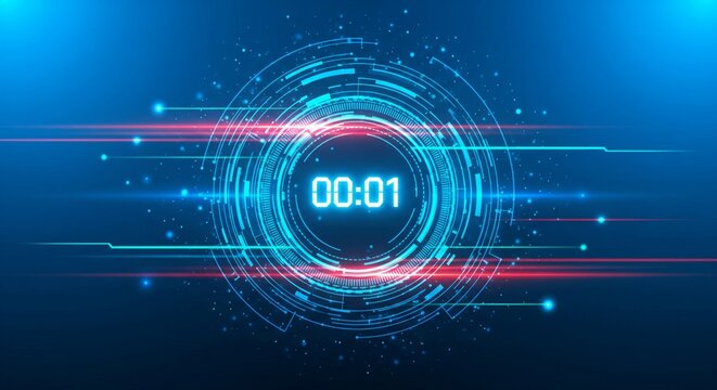 Futuristic digital countdown timer with glowing blue interface