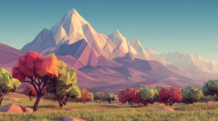 A vibrant, low-poly landscape with a mountain range in the background, colorful trees in the foreground, and a clear blue sky.