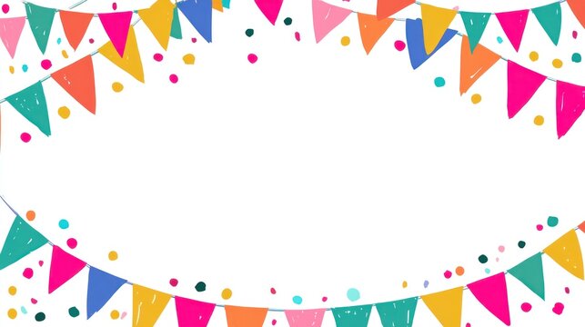 Colorful bunting flags and confetti create a festive frame, perfect for celebrations or invitations.