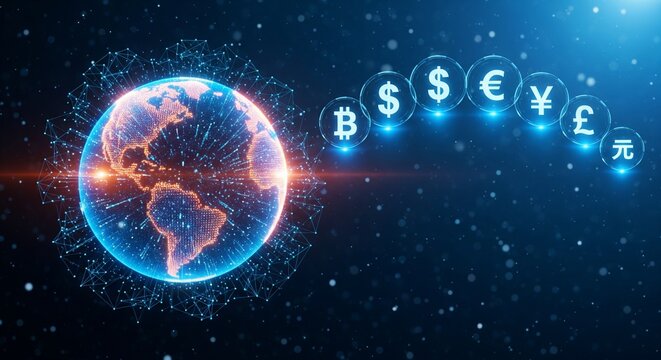 Global digital finance network with cryptocurrency symbols - Powered by Adobe