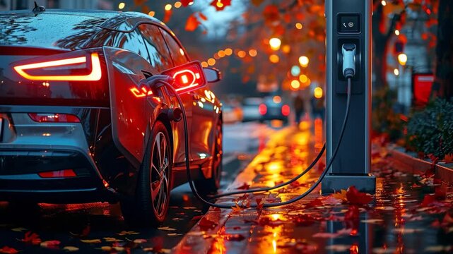 A vibrant urban scene depicting an electric car charging at a station on a rainy evening with colorful autumn leaves and city lights in the background