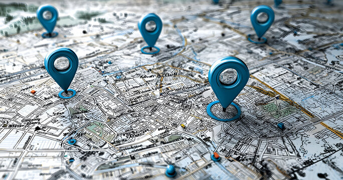 Gps tracking map. Track navigation pins on street maps, navigate mapping technology and locate position pin vector illustration