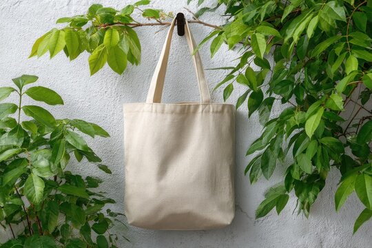 Natural canvas tote bag hanging outdoors surrounded by lush green foliage
