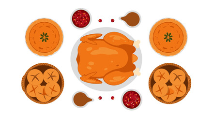 Fototapeta premium A top-down view of a festive holiday meal featuring a roasted chicken, pumpkin pies, bread rolls, and cranberry sauce.