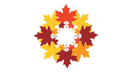 A circular arrangement of colorful maple leaves in shades of red, orange, and yellow, creating a decorative autumn pattern.
