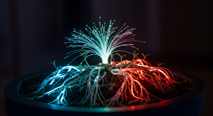 Glowing Fiber Optic Plant with Illuminated Blue and Red Roots in Soil, Representing Technology and Nature