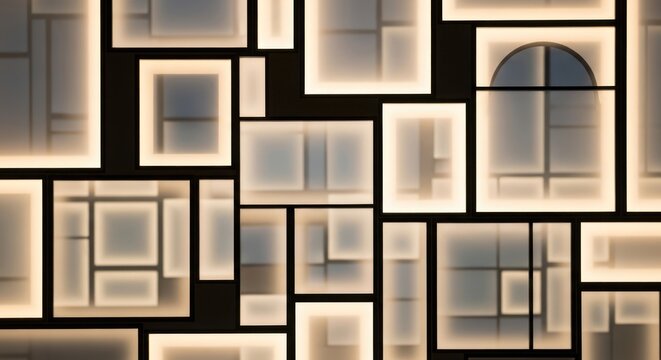 Abstract geometric wall art featuring a collage of backlit frosted panels with warm, glowing light.