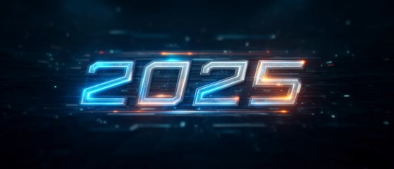 Digital futuristic glowing numbers 2025 against a dark blue tech background with light streaks