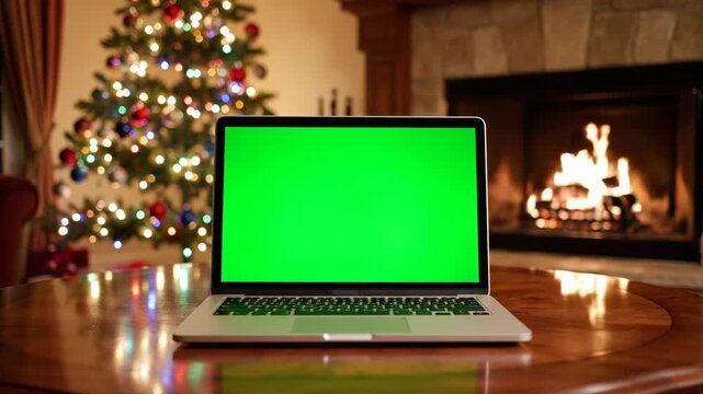 Christmas Holiday Laptop Green Screen - A laptop with a green screen sits on a wooden table in front of a Christmas tree and a fireplace.