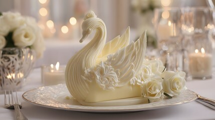 Elegant white chocolate swan sculpture garnishes a formal dining table setting