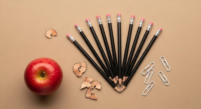 Red Apple Pencils Paperclips and Pencil Shavings on Brown Background black pencils