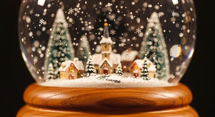 Snow globe with miniature winter village scene featuring houses, church, and snow-covered trees