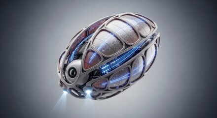 Futuristic metallic spaceship with blue