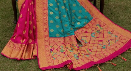 Naklejka premium Exquisite silk saree with vibrant pink and turquoise hues, intricate golden zari work, and traditional Indian motifs for stunning cultural fashion and elegant festive occasions