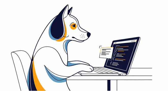 A stylized dog sitting at a desk using a laptop with code displayed on the screen - Powered by Adobe