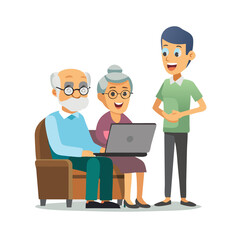 Obraz premium cartoon man and woman looking at elderly man using a laptop computer