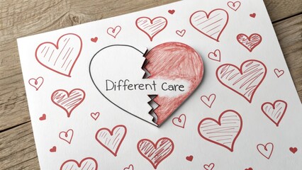 Drawn broken heart symbol with message on white paper