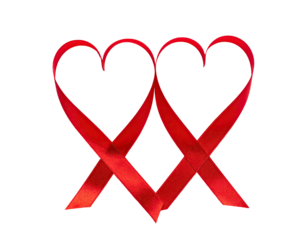 Twin red ribbon hearts interlocked