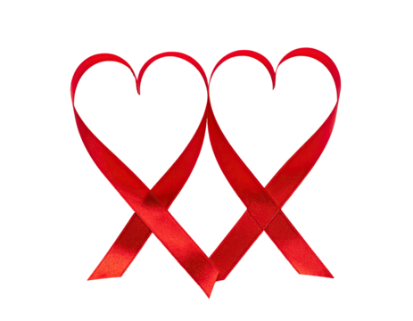 Twin red ribbon hearts interlocked