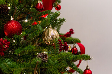 Natural Christmas Tree With Red and Gold Decorations. Christmas Tree Branch Close-Up With Red and Gold Decor