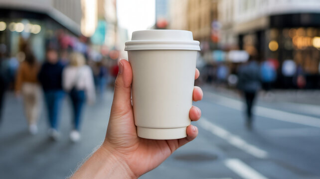 Blanko Mehrweg-Kaffeebecher vor Stadthintergrund