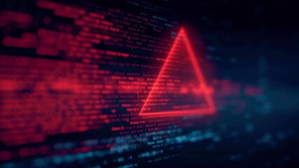 Neon triangle cyber security red code data breach warning symbol digital danger glitch dark background evokes tension futuristic network cybersecurity warning triangle digital code leak pulses - Powered by Adobe