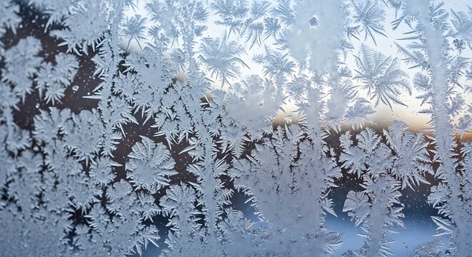 Intricate frost patterns resembling delicate ferns and stars adorn a windowpane on a cold winter morning