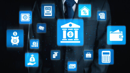 Naklejka premium Finance icons show banking, finance investment, and financial planning. Finance supports money management, growth, savings, and business finance strategy. Gist