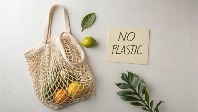 Eco Shopping Bag with Fruits and Handwritten No Plastic Message