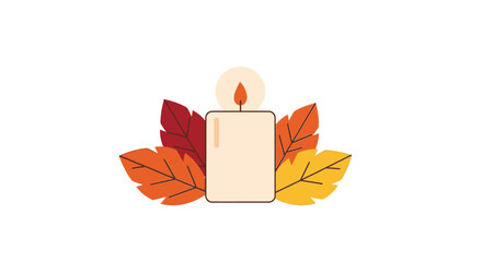 A lit candle surrounded by colorful autumn leaves, symbolizing warmth and the fall season.