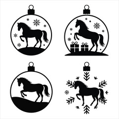 Silhouette horses are showcased within four festive Christmas ornament designs, set against a transparent background